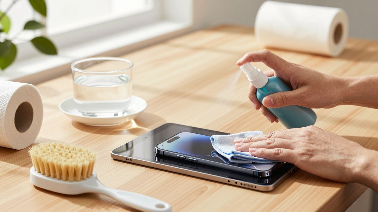 Pessoa a limpar um smartphone sobre um tablet com spray e pano, numa mesa com copo, papel e escova ao lado.