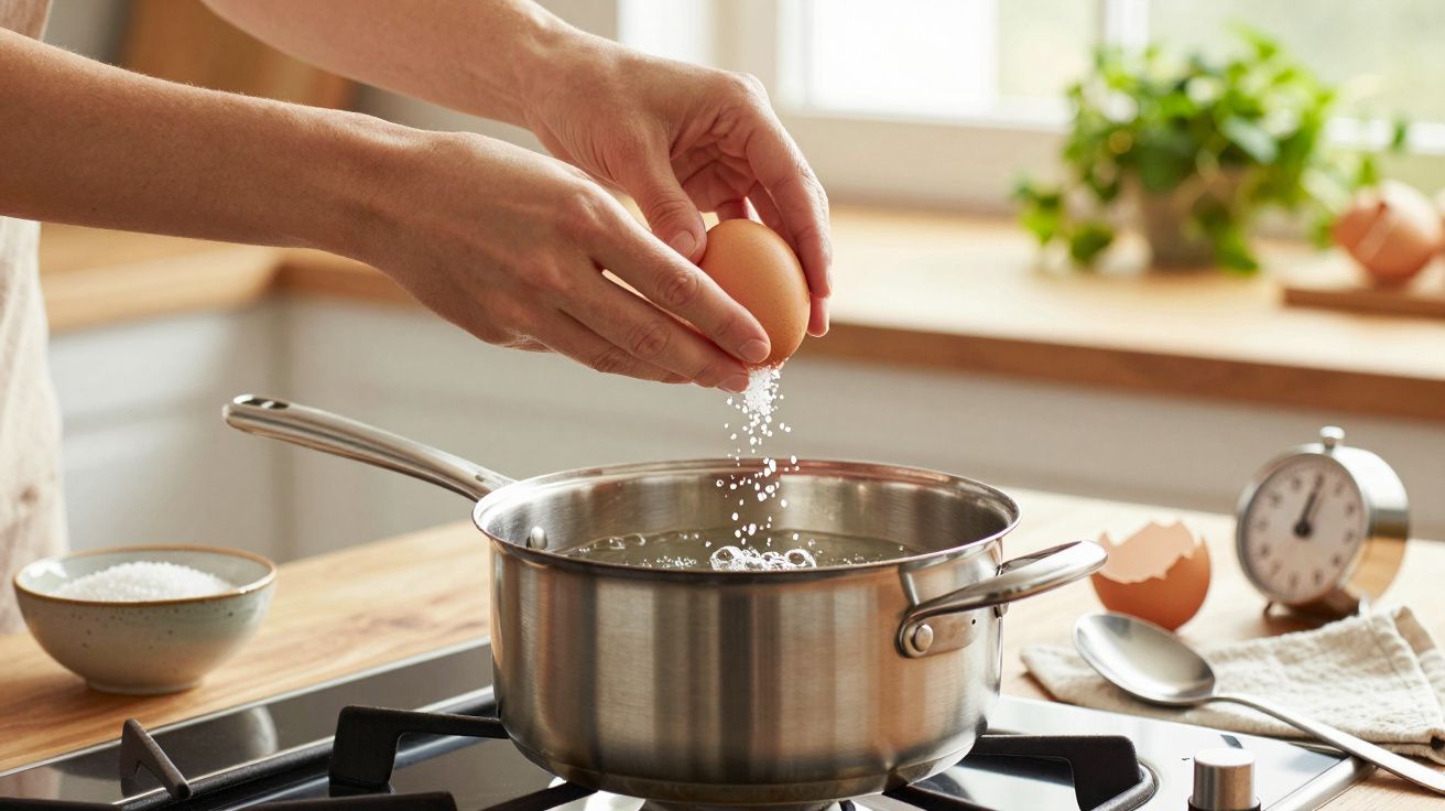 Mãos a partir um ovo sobre uma panela de água a ferver num fogão, com utensílios e ovo quebrado ao lado.