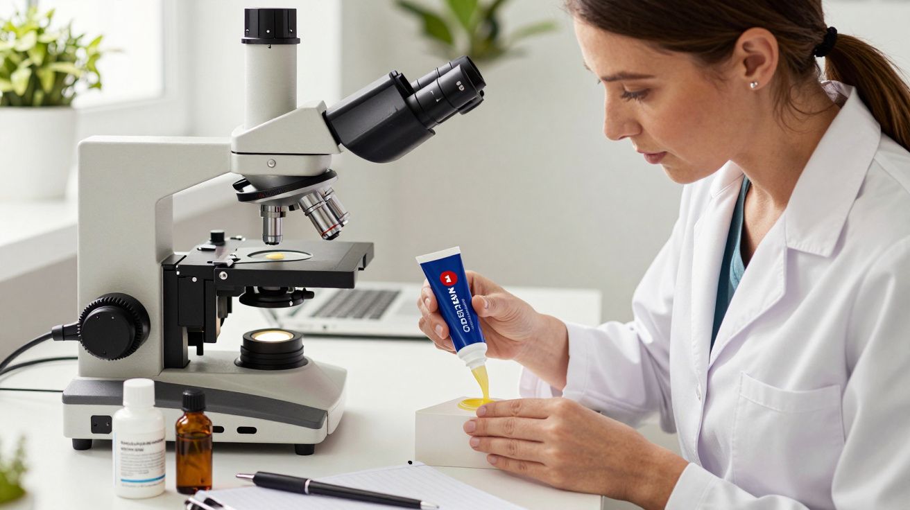 Mulher de avental branco trabalha numa bancada com microscópio e tubos de ensaio, aplicando creme numa amostra.