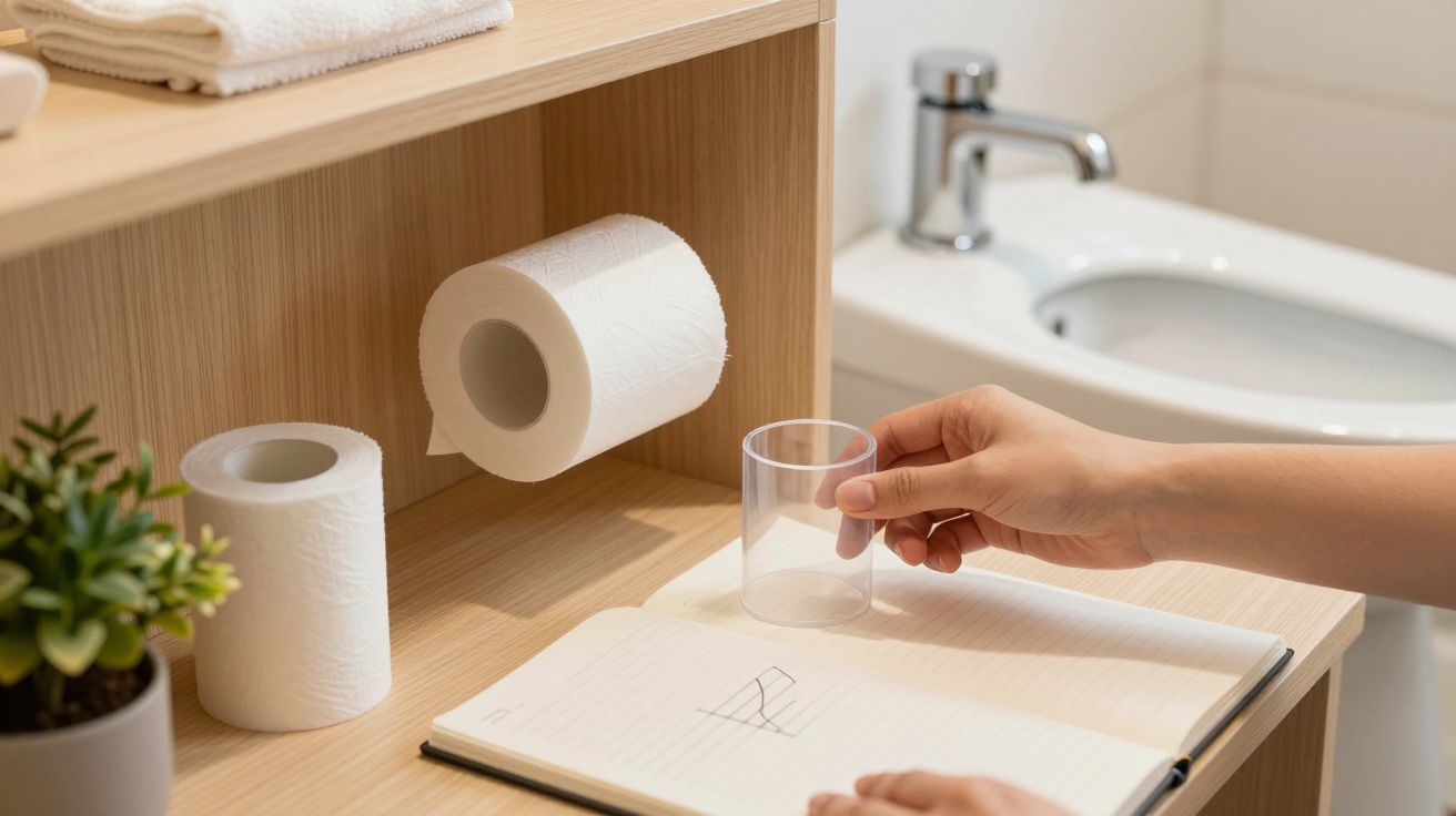 Mão desenhando num caderno ao lado de uma prateleira com papel higiénico e uma planta pequena em frente a um lavatório.