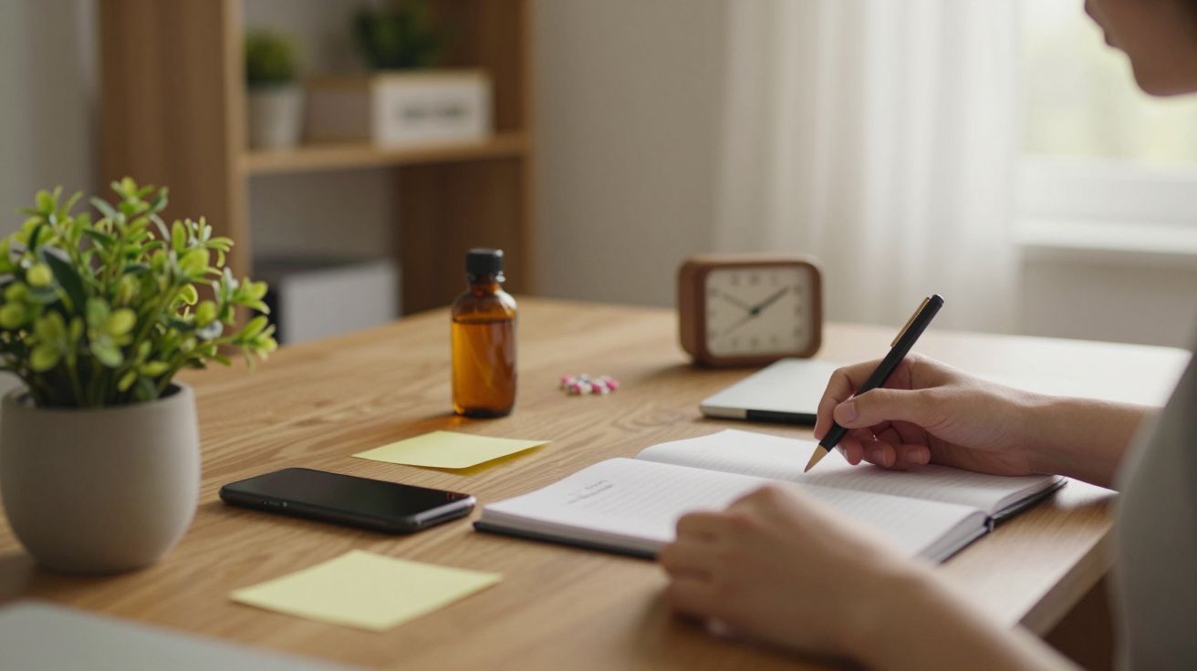 Pessoa escreve num caderno numa mesa com plantas, relógio, frasco e smartphone.