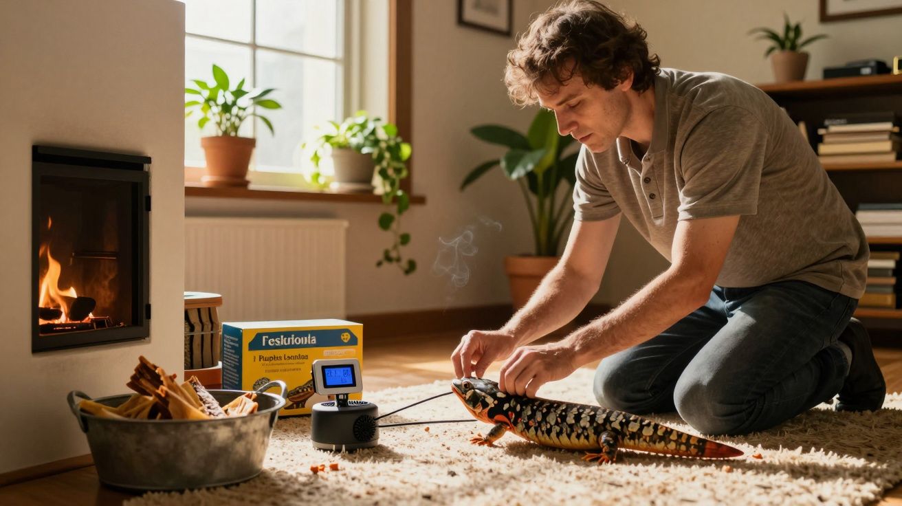 Homem agachado no tapete a tocar guitarra de brinquedo acesa, junto à lareira, com plantas ao fundo.
