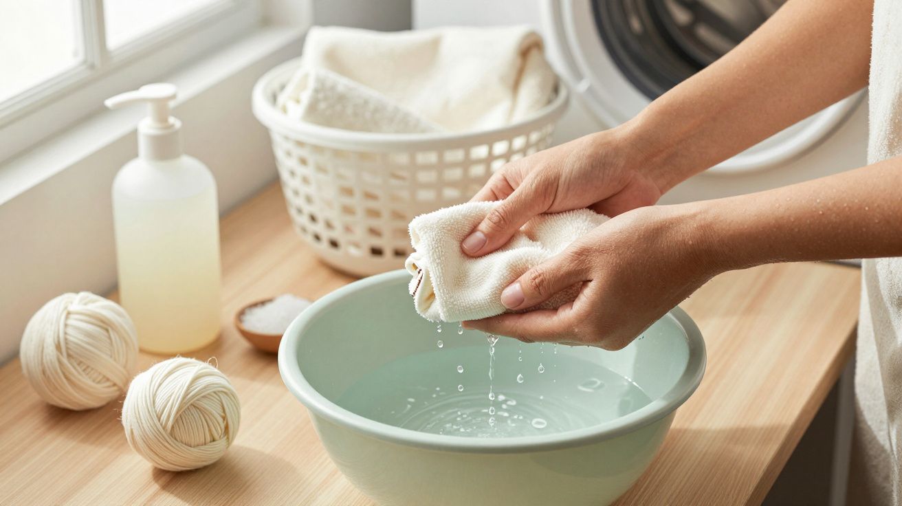Mãos lavam tecido branco numa bacia com água, com fios de lã, garrafa de sabão e cesto de roupa ao fundo.