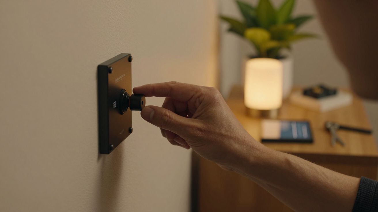 Mão ajusta botão num interruptor de luz numa parede, com mesa ao fundo com lâmpada e planta.