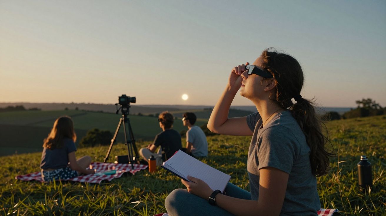 Grupo de jovens num piquenique ao pôr do sol, observando e registando em cadernos.