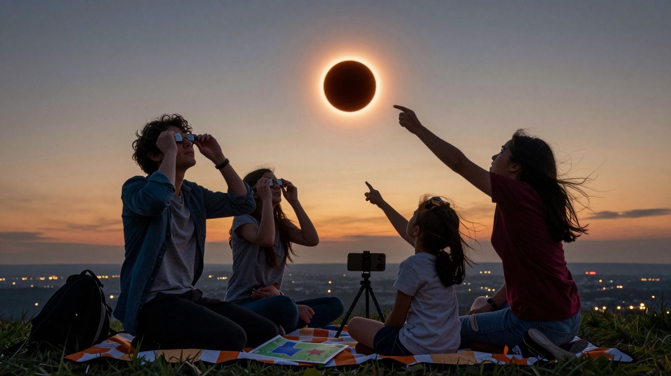 Família observa eclipse solar ao pôr do sol, usando óculos de proteção, sentados num campo.