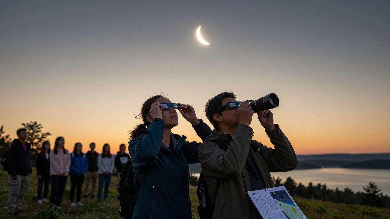 Grupo observa eclipse solar ao pôr do sol, usando óculos de proteção e binóculos, com horizonte ao fundo.