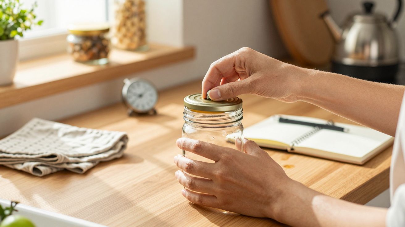 Pessoa abre frasco de vidro na cozinha, com bloco de notas e chaleira ao fundo.