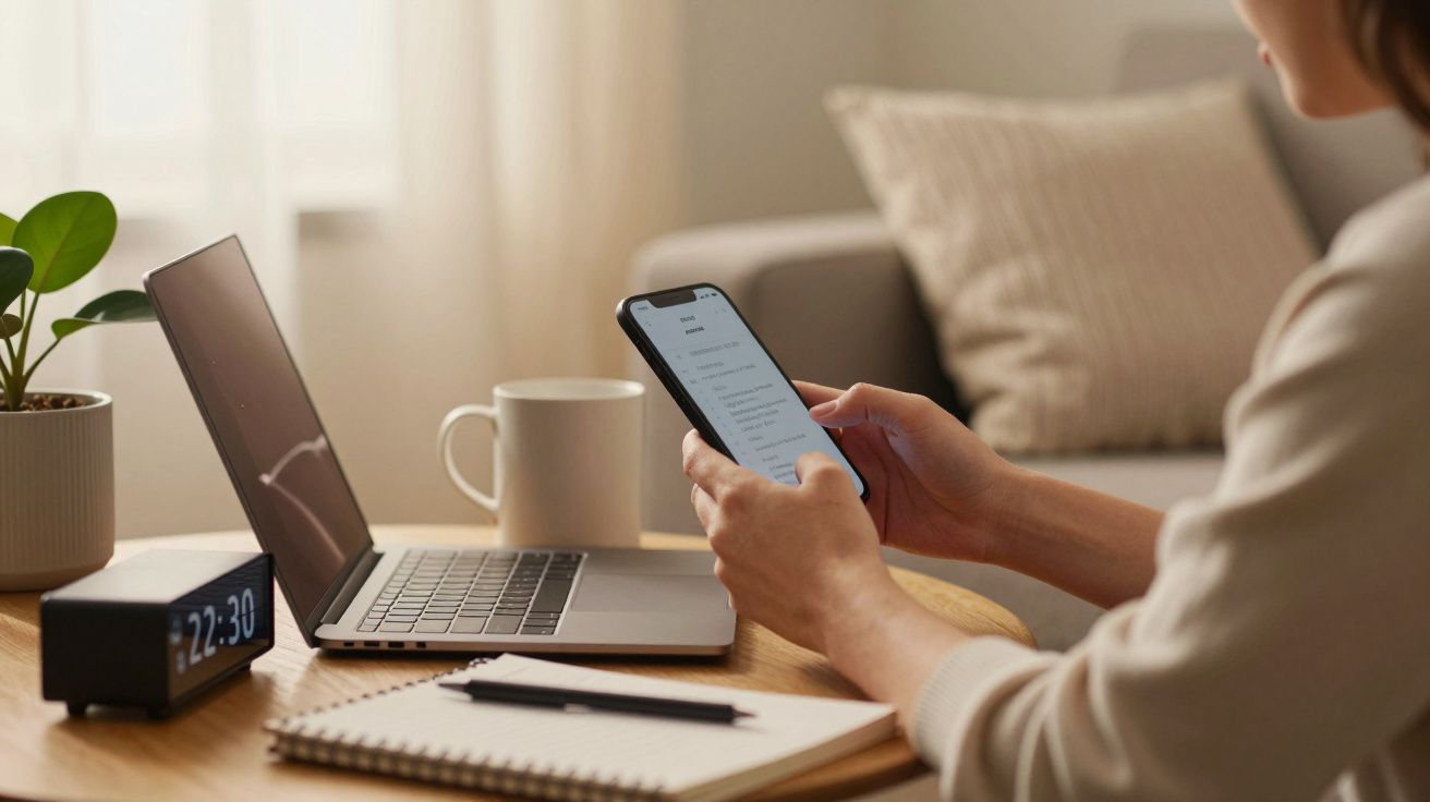 Pessoa a usar smartphone junto a portátil numa mesa, com bloco de notas e caneca ao lado, numa sala iluminada.