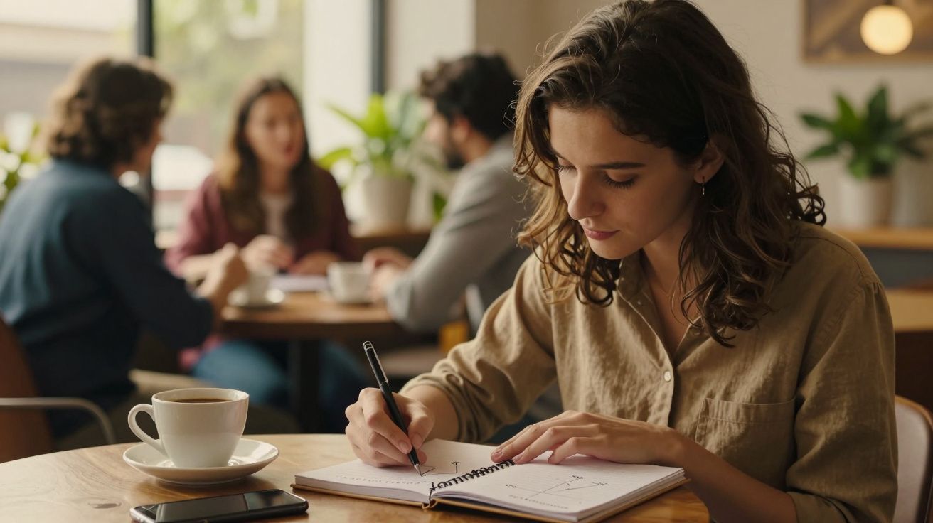 Mulher a escrever num caderno numa cafeteria, com chávena de café e telemóvel na mesa, pessoas ao fundo.