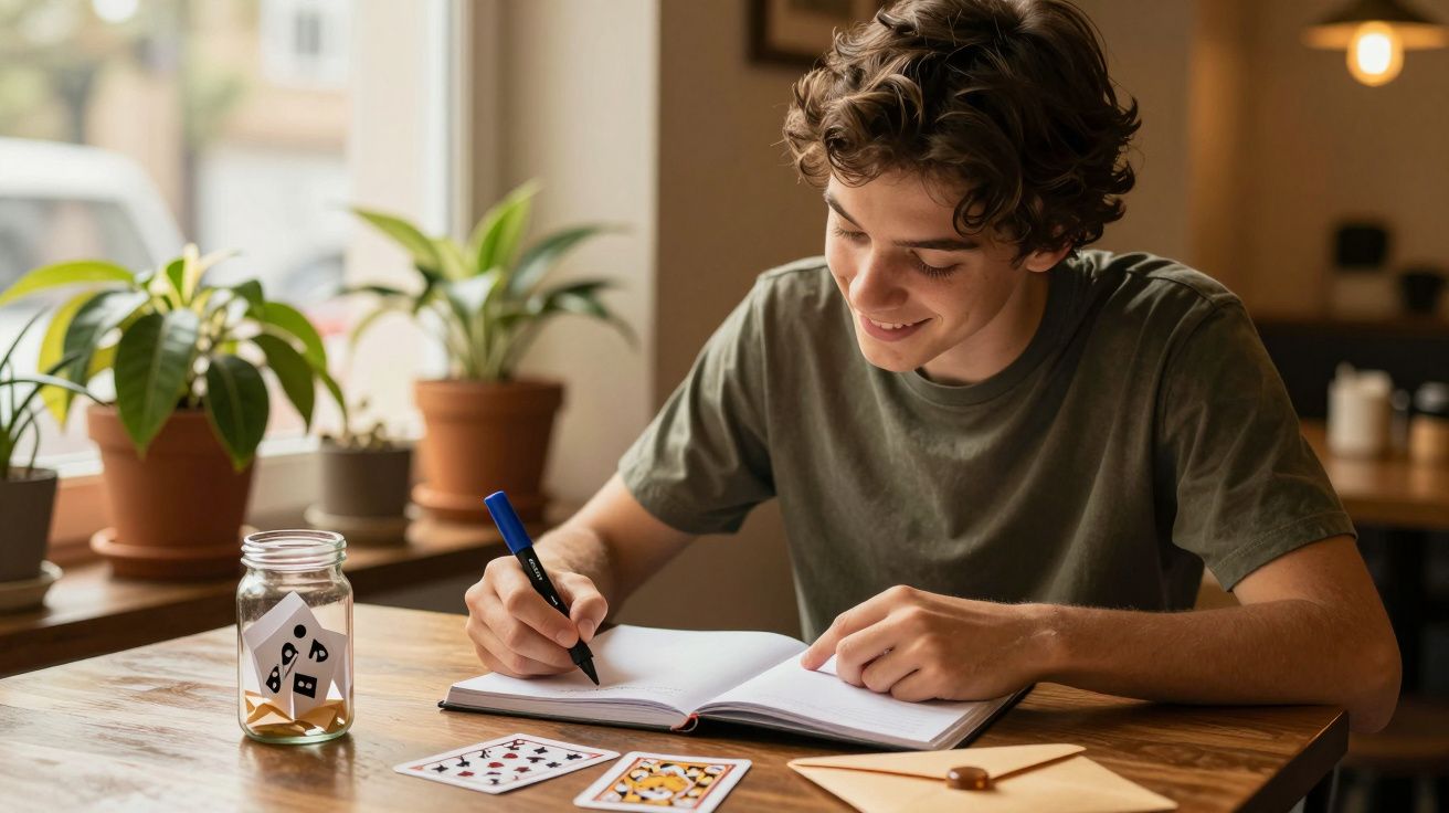 Jovem escreve num caderno numa mesa, rodeado de plantas e cartas de jogar, sorrindo enquanto se concentra.