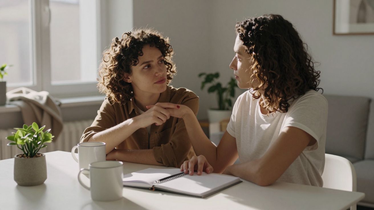 Duas mulheres conversam numa mesa com caderno aberto, rodeadas por canecas e plantas, num ambiente iluminado.