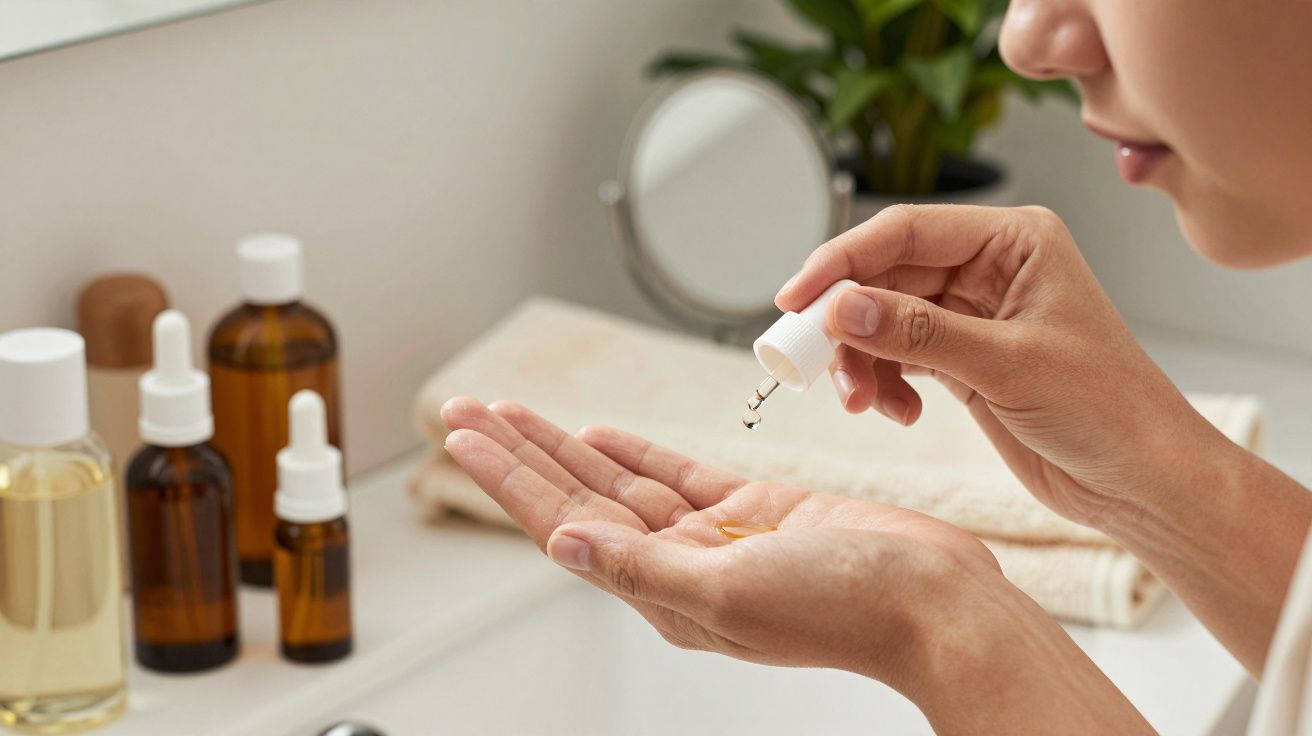 Pessoa aplicando sérum na mão com garrafa e cosméticos ao fundo, num ambiente de casa de banho.