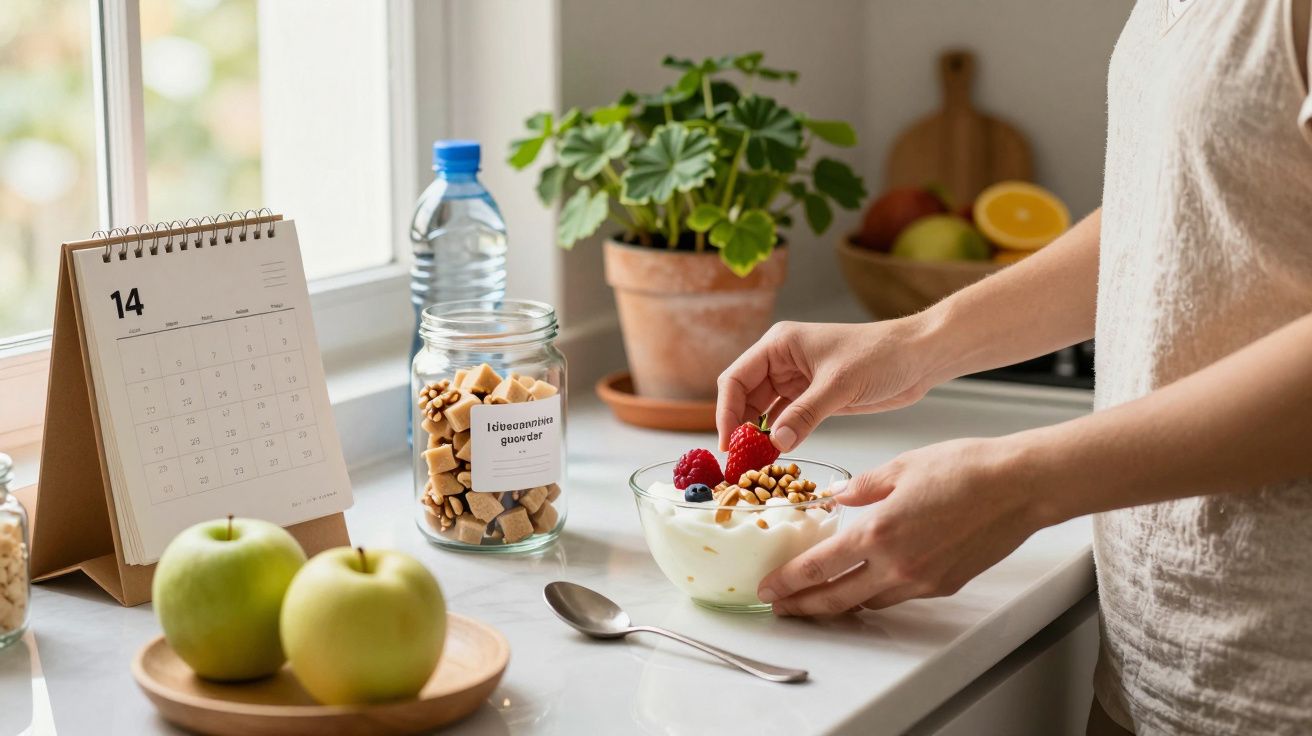 Pessoa prepara iogurte com frutas e nozes em bancada de cozinha; calendário, maçãs e planta ao fundo.