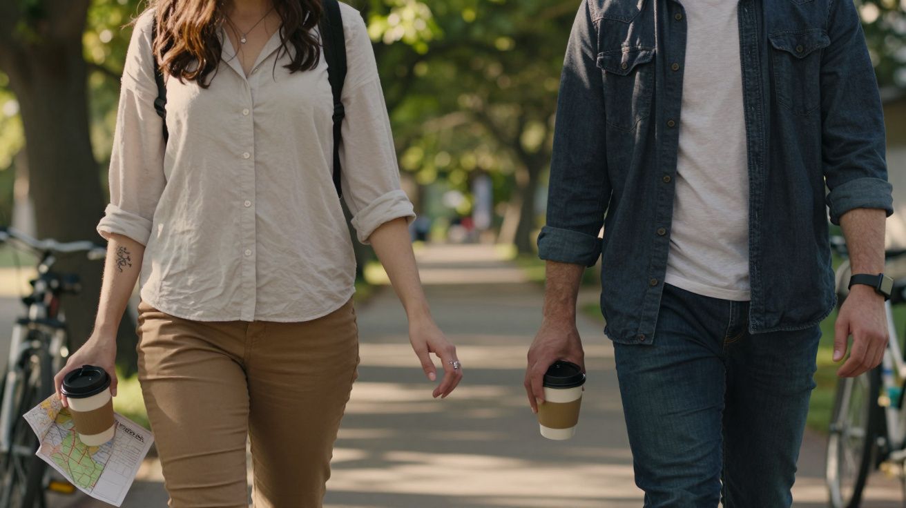 Duas pessoas a caminhar num parque, segurando copos de café e um mapa, com bicicletas ao fundo.