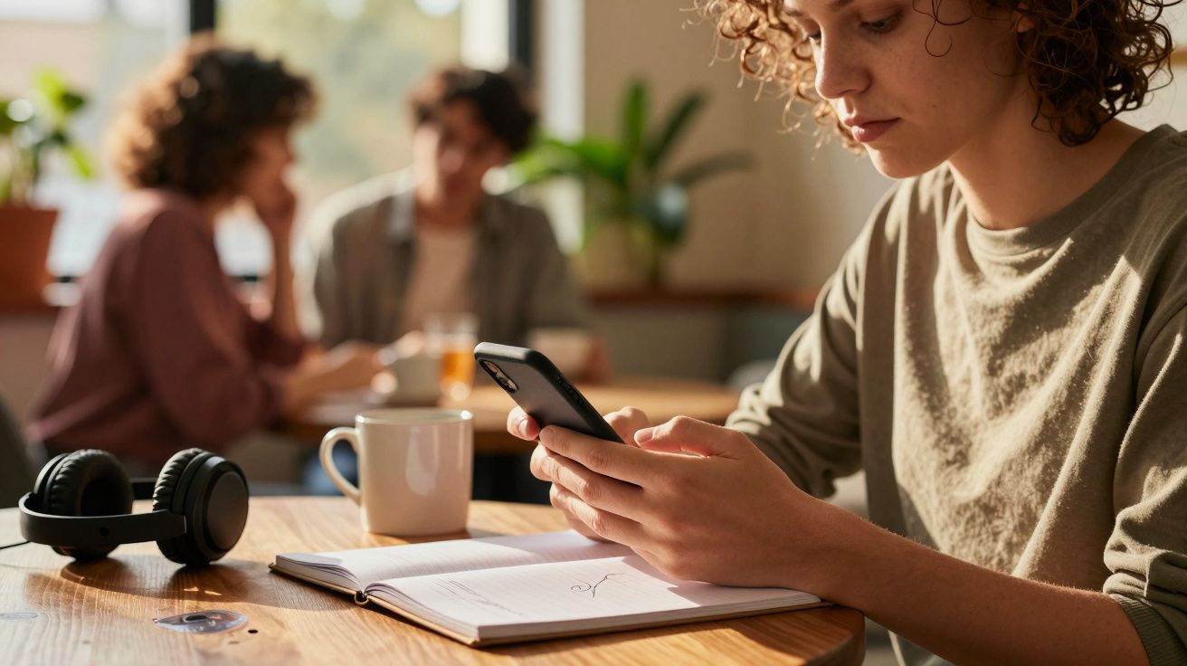 Pessoa concentrada usando telemóvel num café, com caderno e auscultadores na mesa. Outras pessoas conversam ao fundo.
