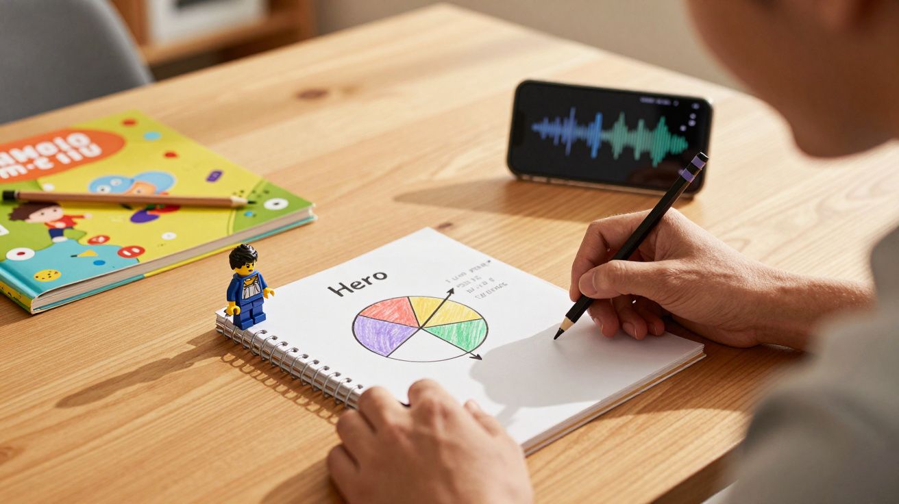 Homem desenha gráfico em caderno, ao lado de livro infantil, telemóvel e miniatura LEGO sobre mesa de madeira.