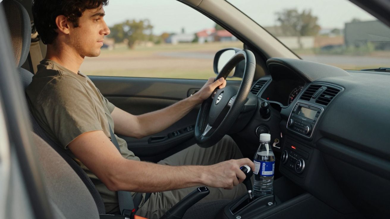 Homem a conduzir um carro, segurando uma garrafa de água junto à alavanca de câmbio, com vista lateral do interior.