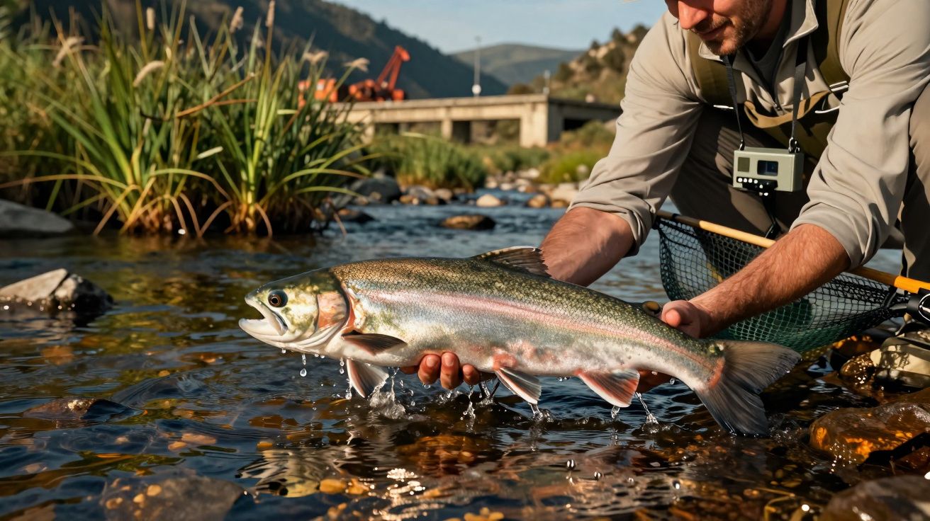 Pescador segura truta num riacho, com vegetação e ponte ao fundo.