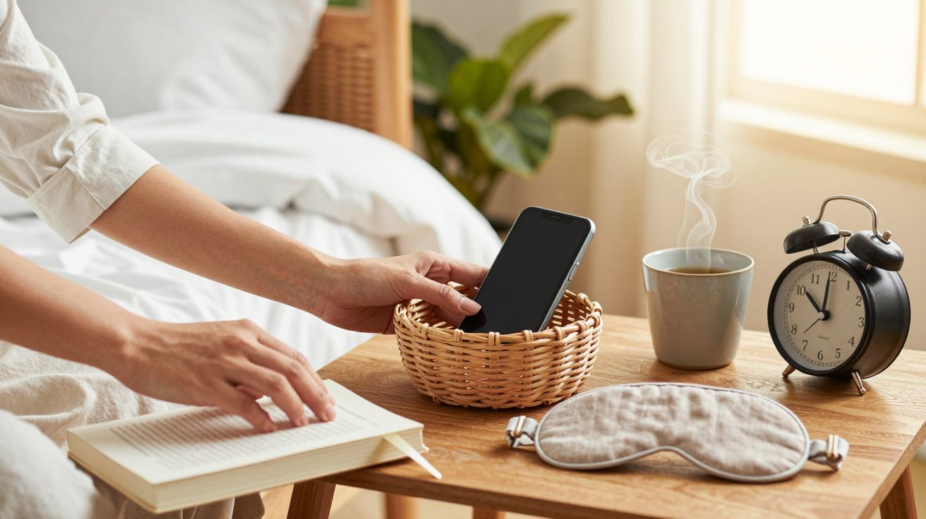 Mão feminina colocando telemóvel num cesto na mesa de cabeceira, com livro, chávena de chá, despertador e máscara de dormir.