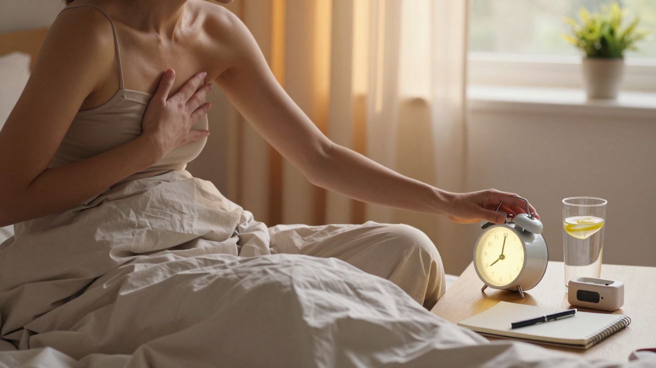 Mulher na cama a desligar o despertador, com um copo de água ao lado e cortinas abertas ao fundo.