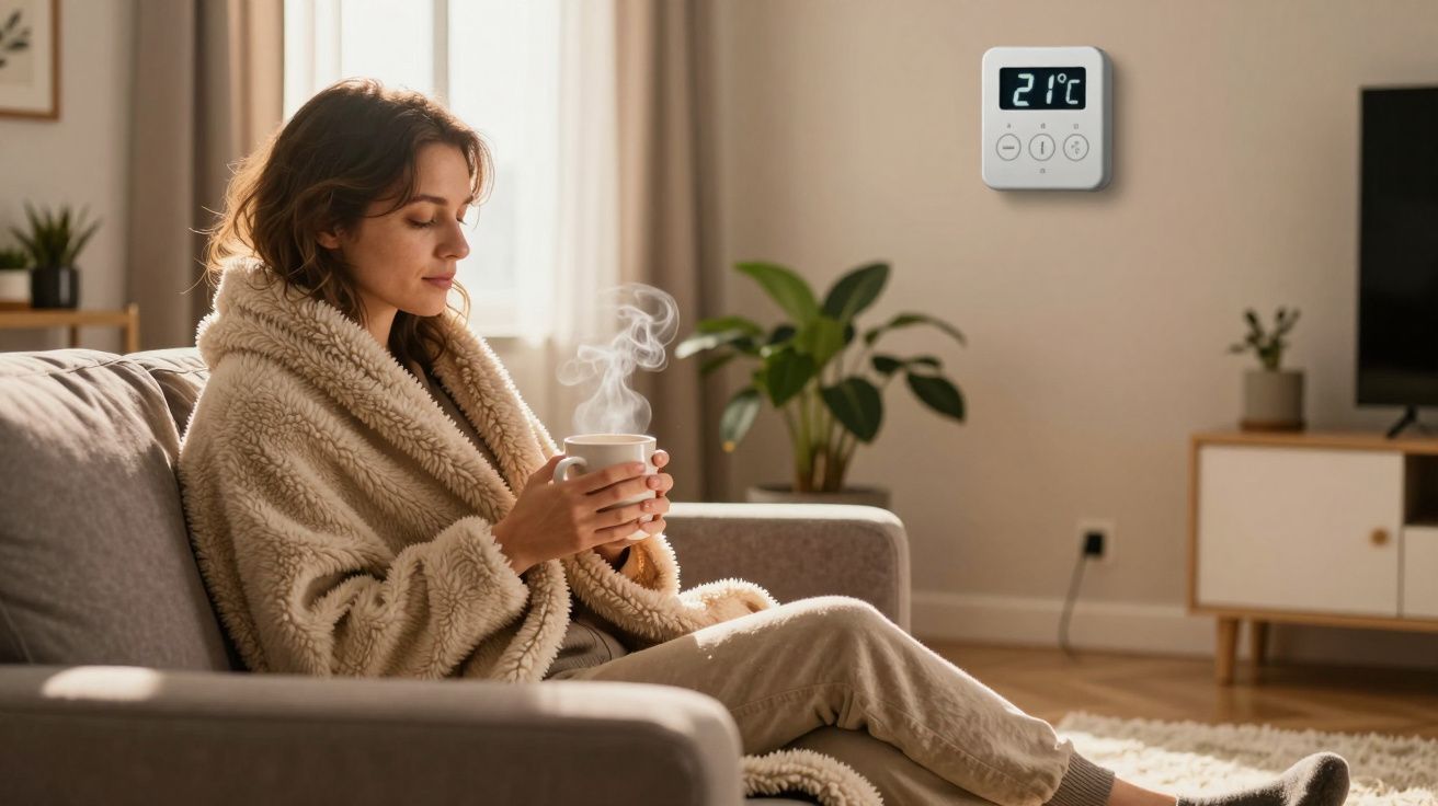 Mulher com roupão bebe chá quente no sofá, sala acolhedora com termostato mostrando 21°C na parede.