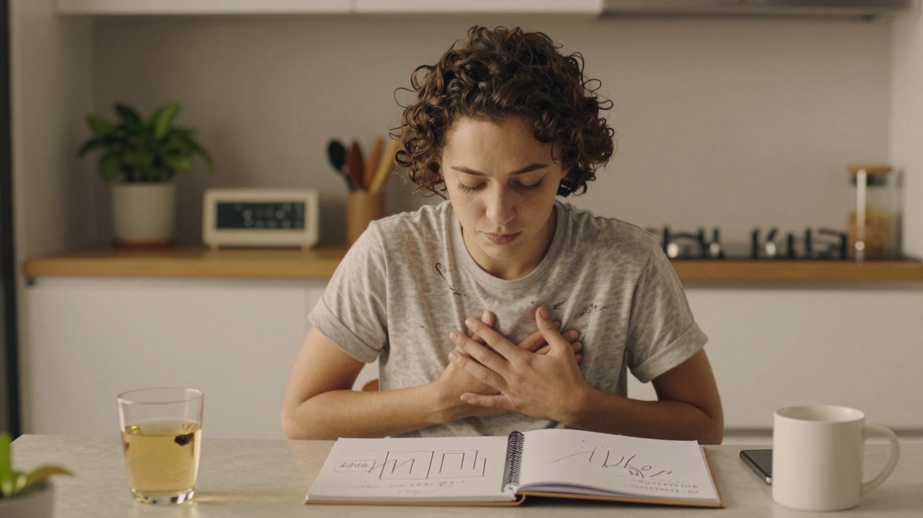 Pessoa de cabelo encaracolado segura o peito enquanto olha para um caderno numa cozinha minimalista.