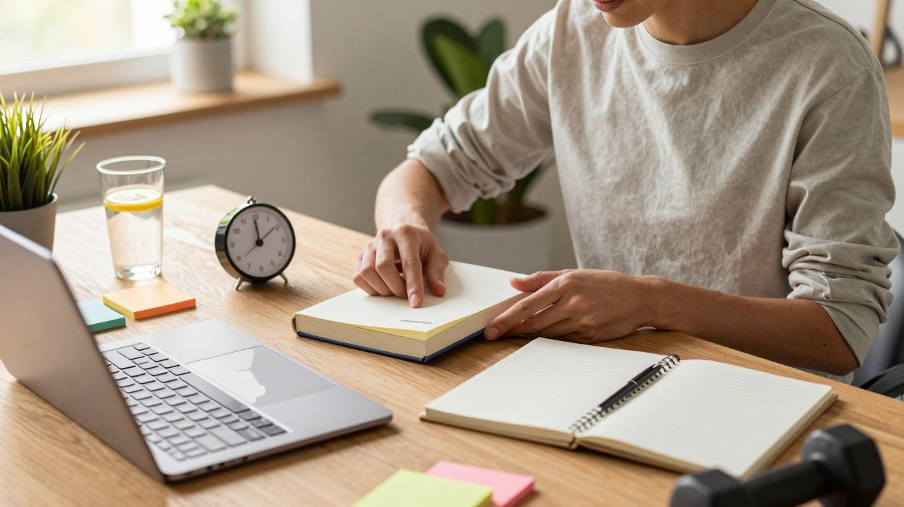 Pessoa sentada à mesa, usando portátil e caderno, com um copo de água, um despertador e plantas ao fundo.