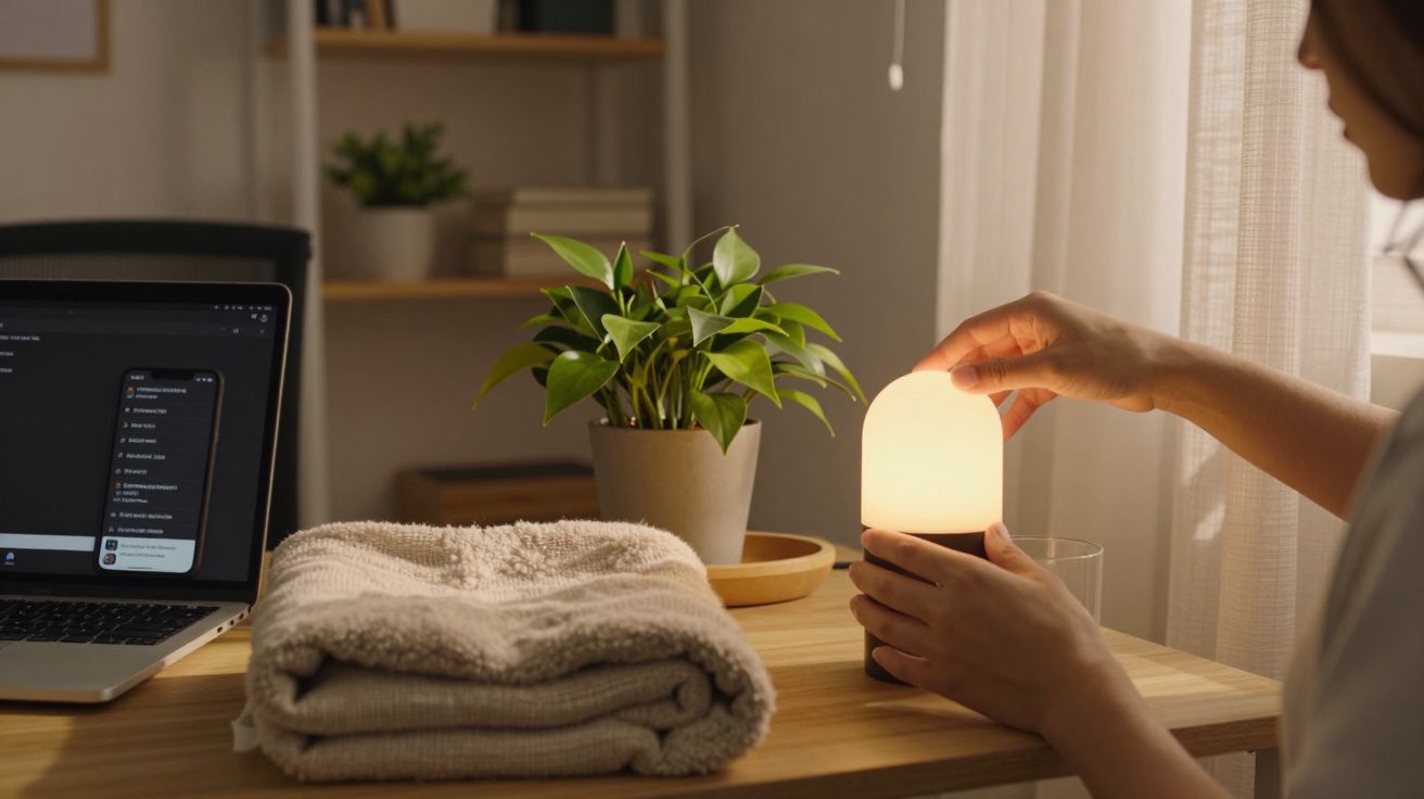 Pessoa ajusta uma lâmpada num ambiente acolhedor com computador, planta e toalhas dobradas sobre a mesa.