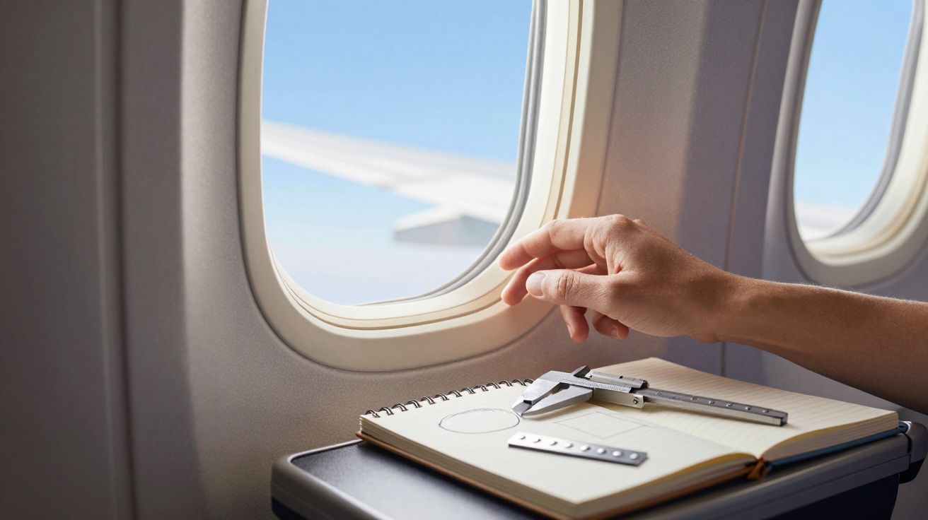 Mão masculina toca janela de avião; caderno com compasso sobre mesa dobrável; asa de avião visível ao fundo.