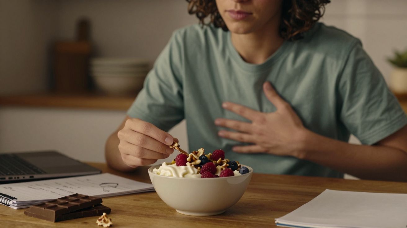 Pessoa a comer iogurte com frutas e nozes, com uma mão no peito, ao lado de um computador portátil e chocolate.
