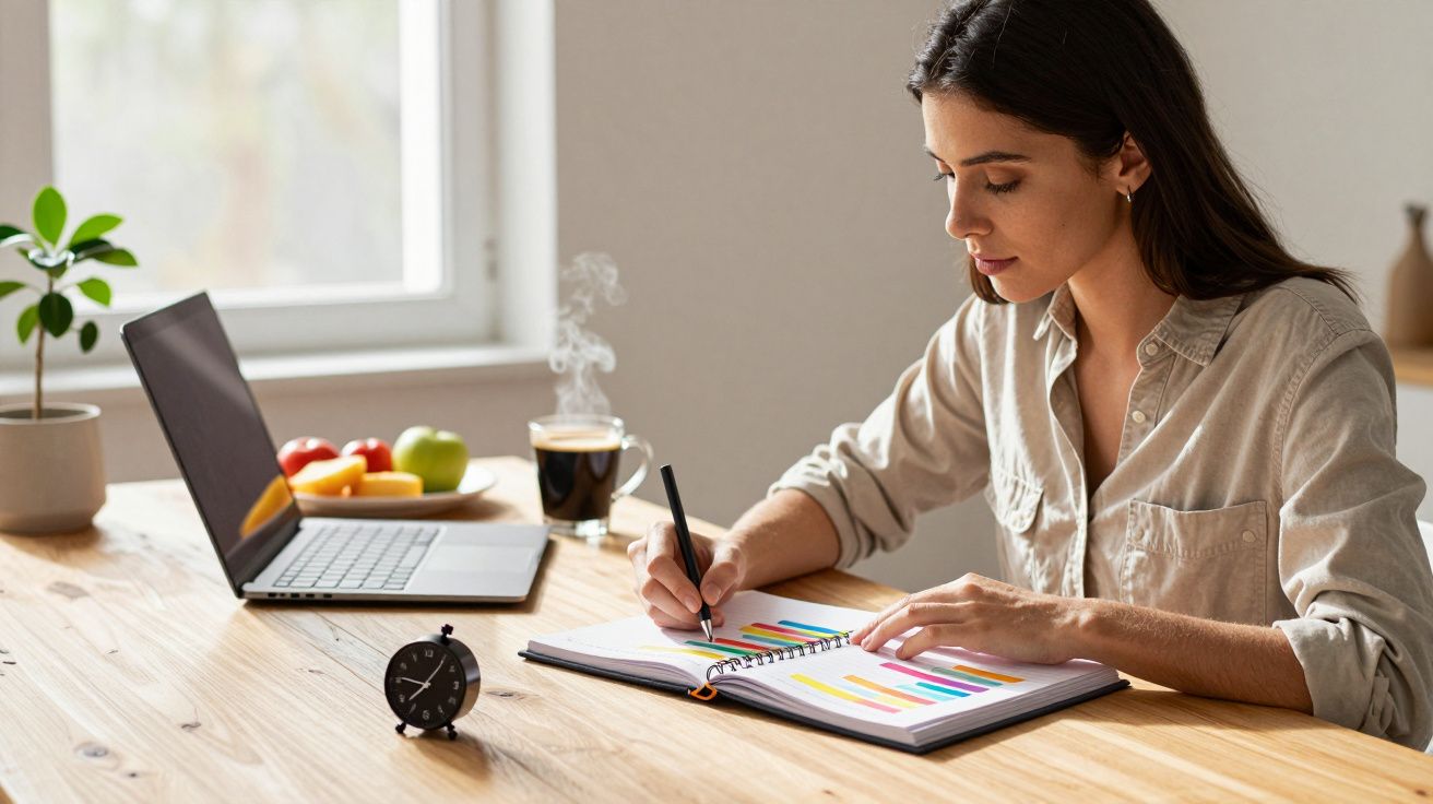 Mulher trabalha em casa, escreve num caderno à frente do portátil, com chávena de café ao lado e frutas na mesa.