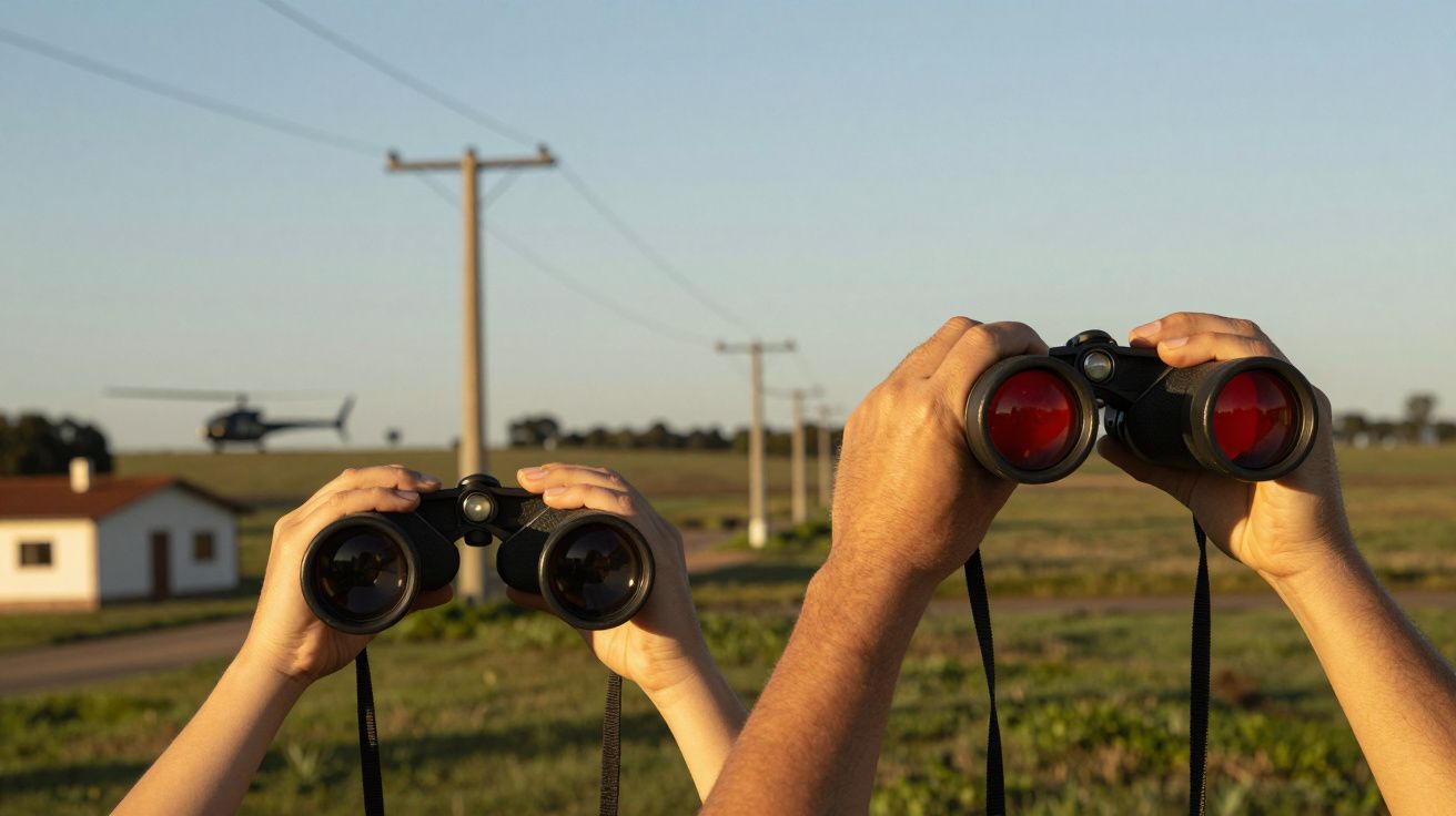 Duas pessoas observam um helicóptero ao longe, usando binóculos, num campo aberto com postes de eletricidade e uma casa.