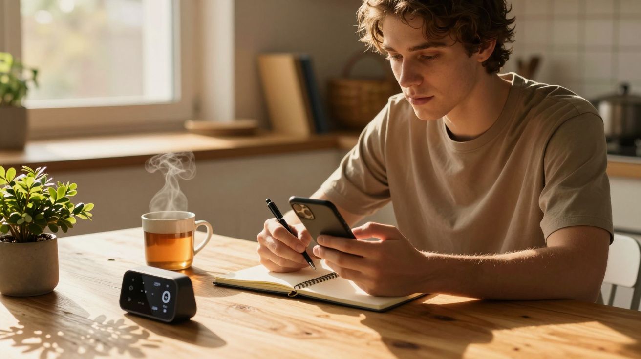 Jovem sentado à mesa, concentrado no telemóvel e a tomar notas. Chávena de chá e planta verde ao lado.