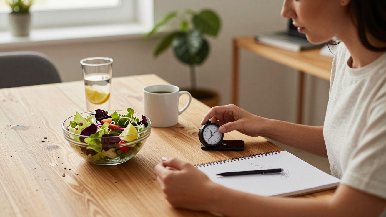 Mulher à mesa com salada, caderno, caneta e relógio, ao lado de copo com água e limão.