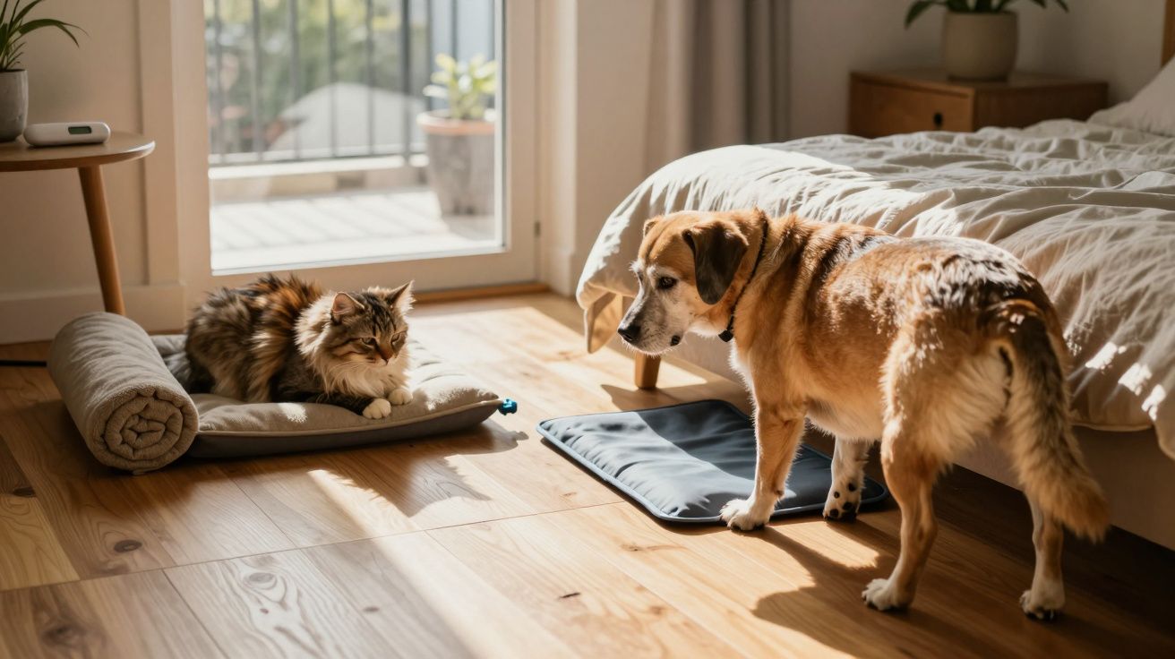 Cão e gato em quarto iluminado pelo sol, com cama e plantas ao fundo.