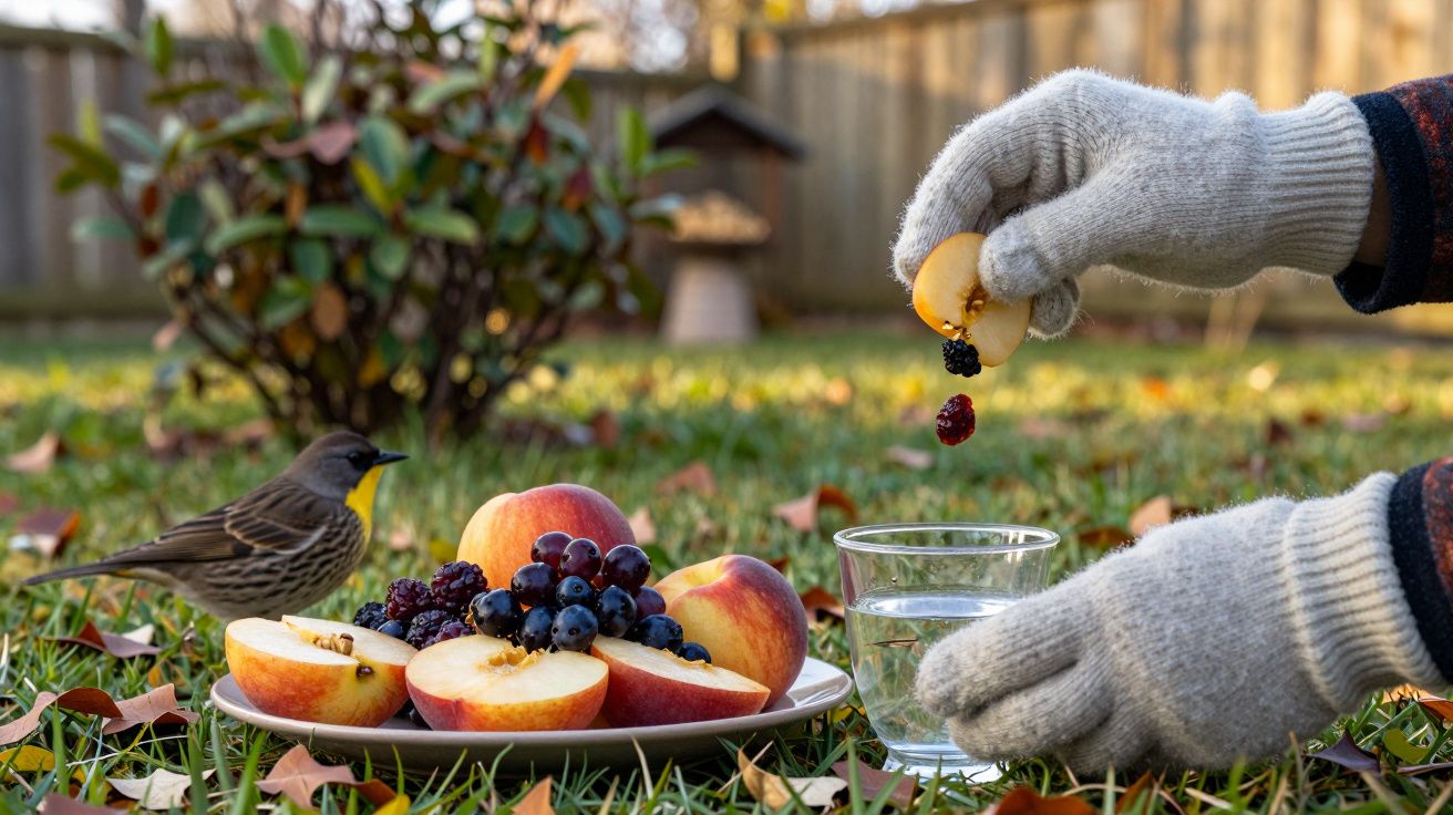 Pássaro junto a prato com maçãs e bagas, mão com luva segurando fruto, copo de água, jardim ao fundo.