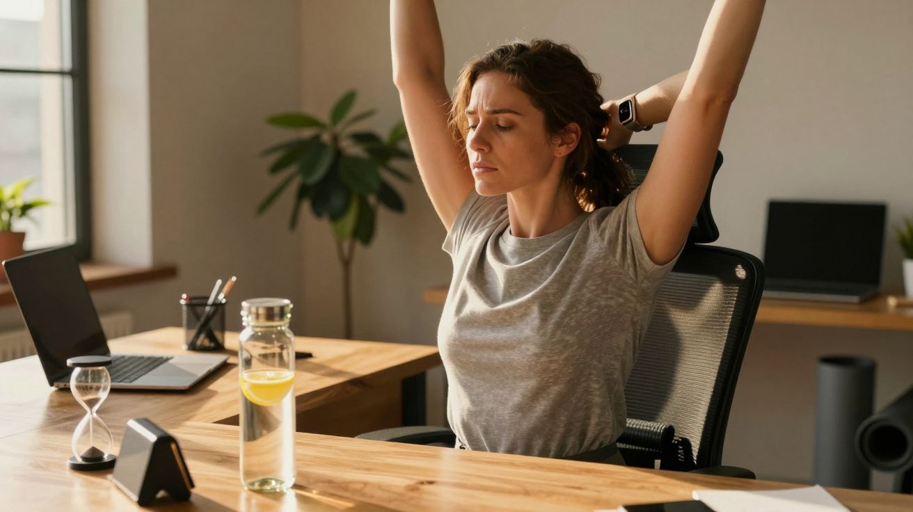 Mulher alonga-se numa cadeira de escritório, braços erguidos. Mesa com portátil, garrafa de água e ampulheta ao lado.