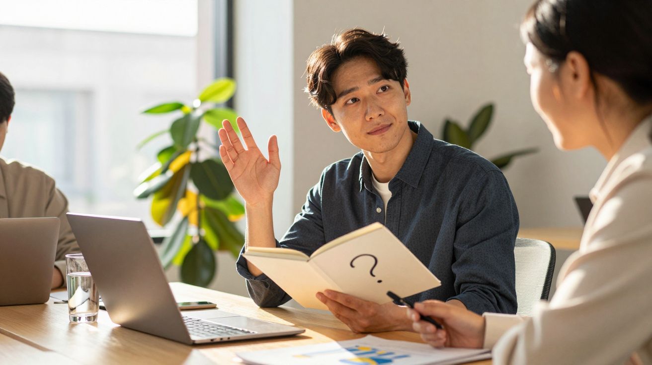 Homem sentado, levantando a mão, segurando um livro com um ponto de interrogação, em reunião de trabalho.