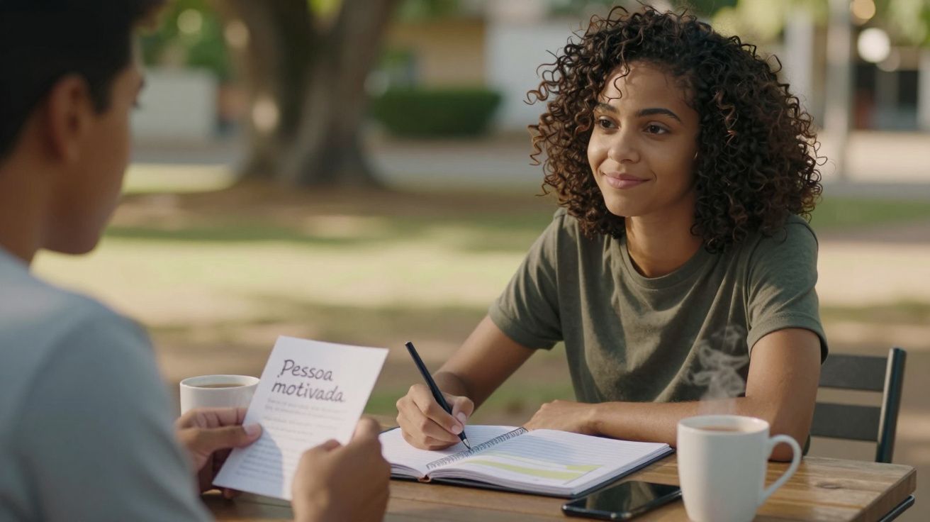 Mulher sorrindo anota em caderno enquanto conversa com homem segurando papel escrito "Pessoa motivada" em parque.