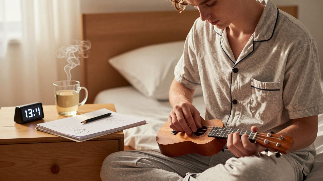 Jovem de pijama cinzento toca ukulele sentado na cama, com chá e bloco de notas na mesa de cabeceira.