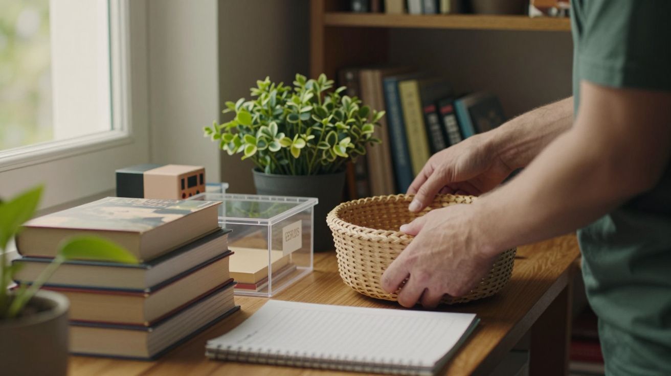 Homem arruma cesto numa mesa com livros, plantas e caderno, próximo a janela iluminada.