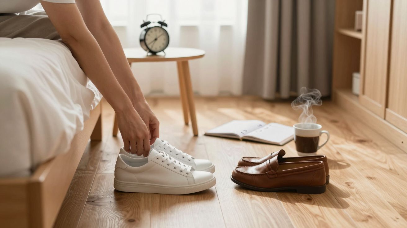 Pessoa a calçar ténis brancos junto a sapatos castanhos, numa sala com um despertador e chávena de café.
