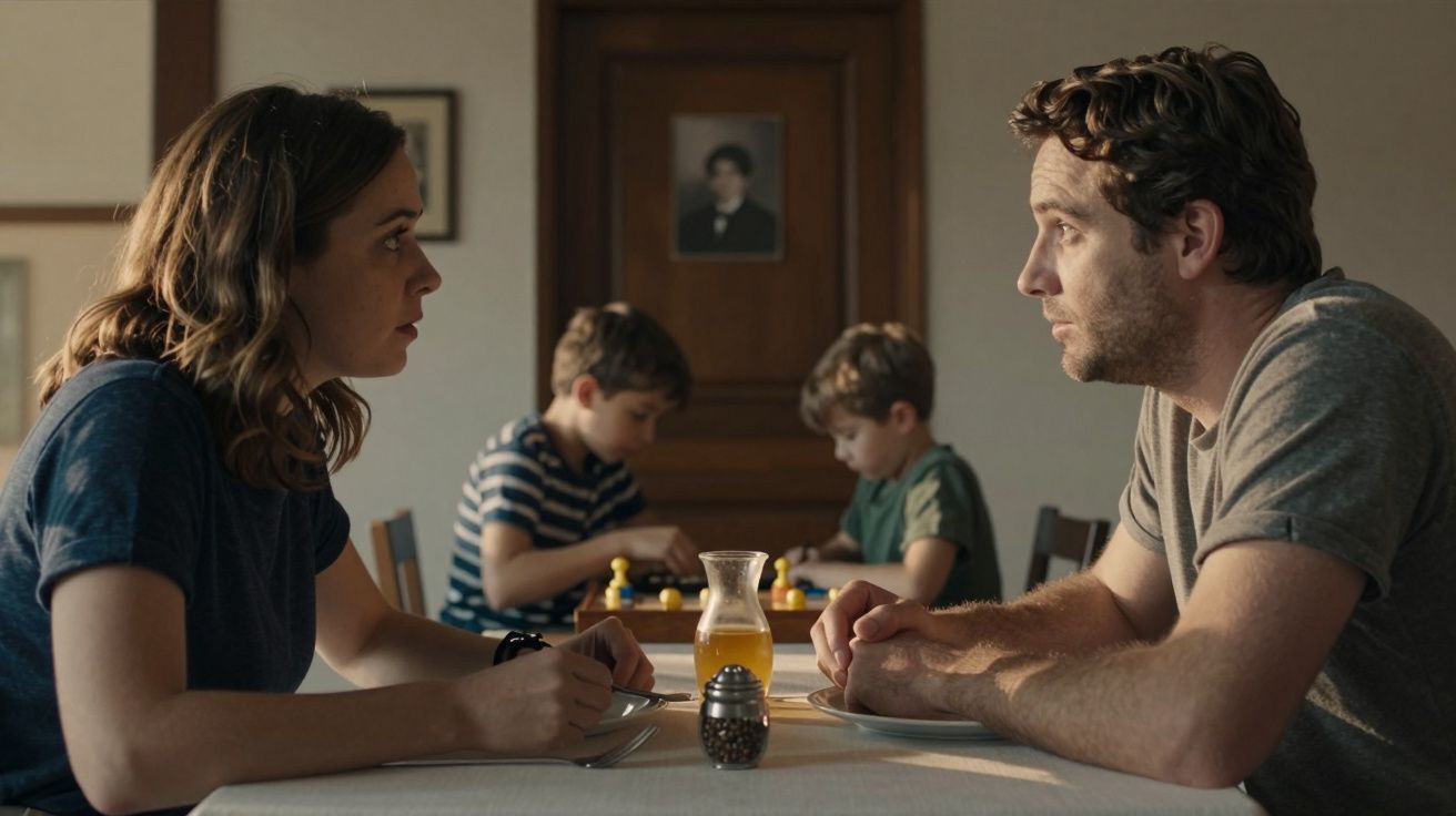 Dois adultos conversam à mesa, enquanto duas crianças jogam xadrez ao fundo.