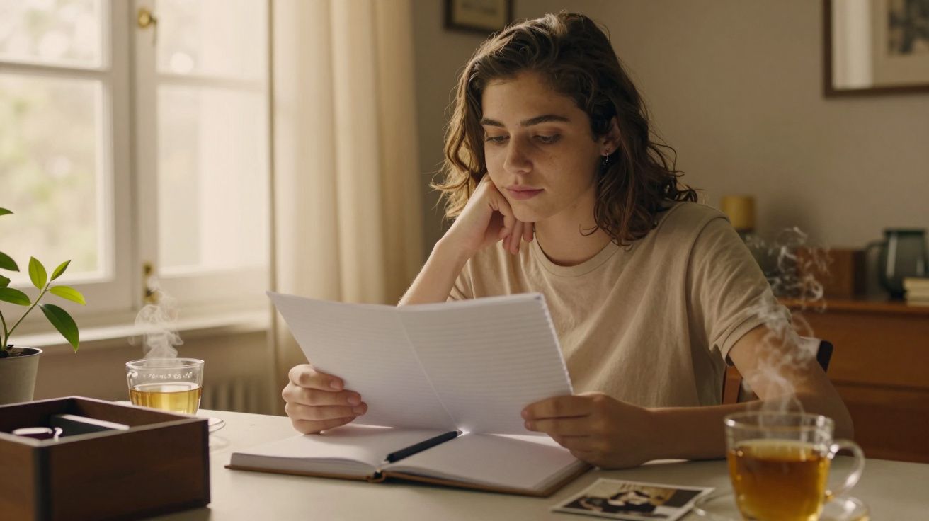 Mulher jovem lendo à mesa com chá, caderno e fotos, em ambiente iluminado por janela.