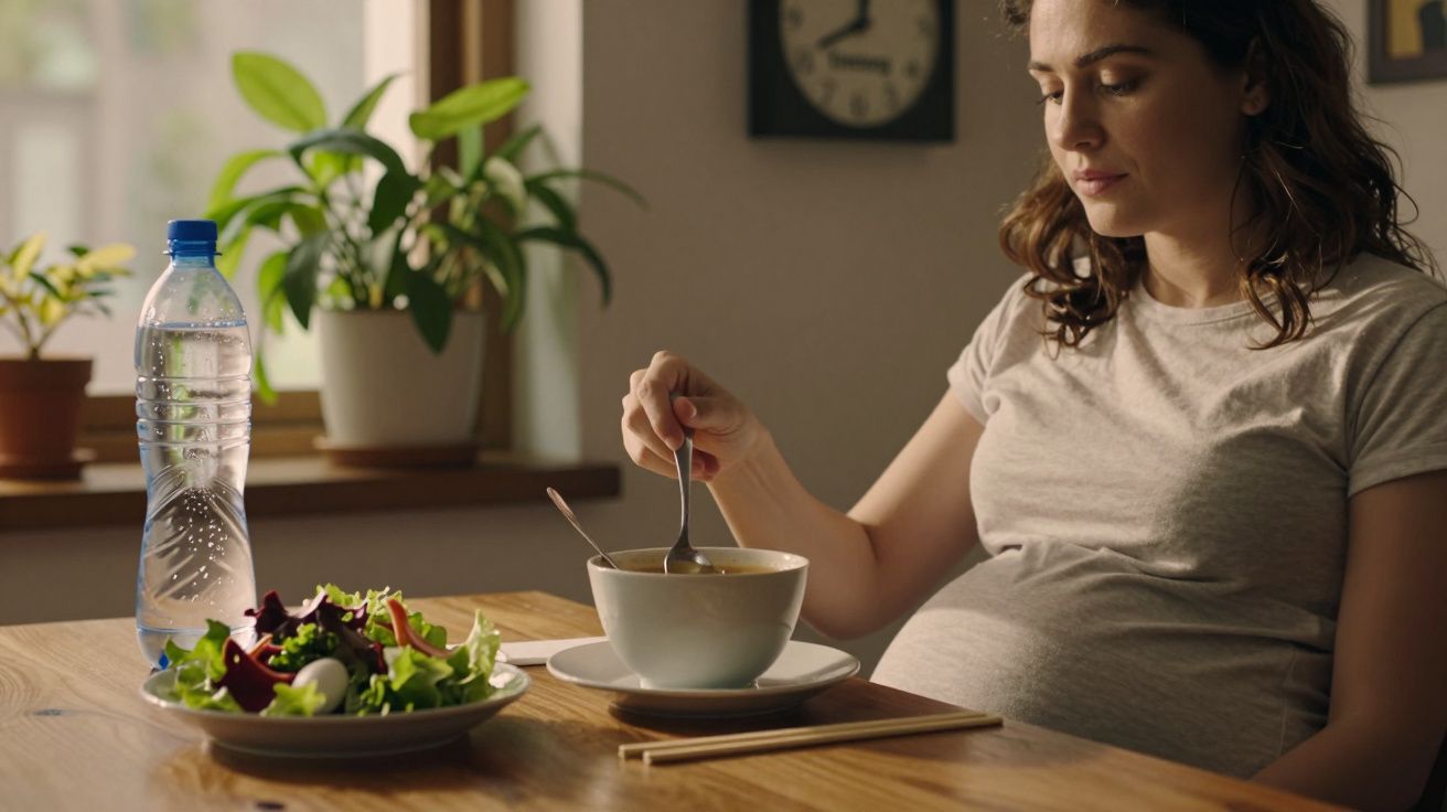 Mulher grávida sentada à mesa a comer salada e sopa, com garrafa de água e plantas ao fundo.