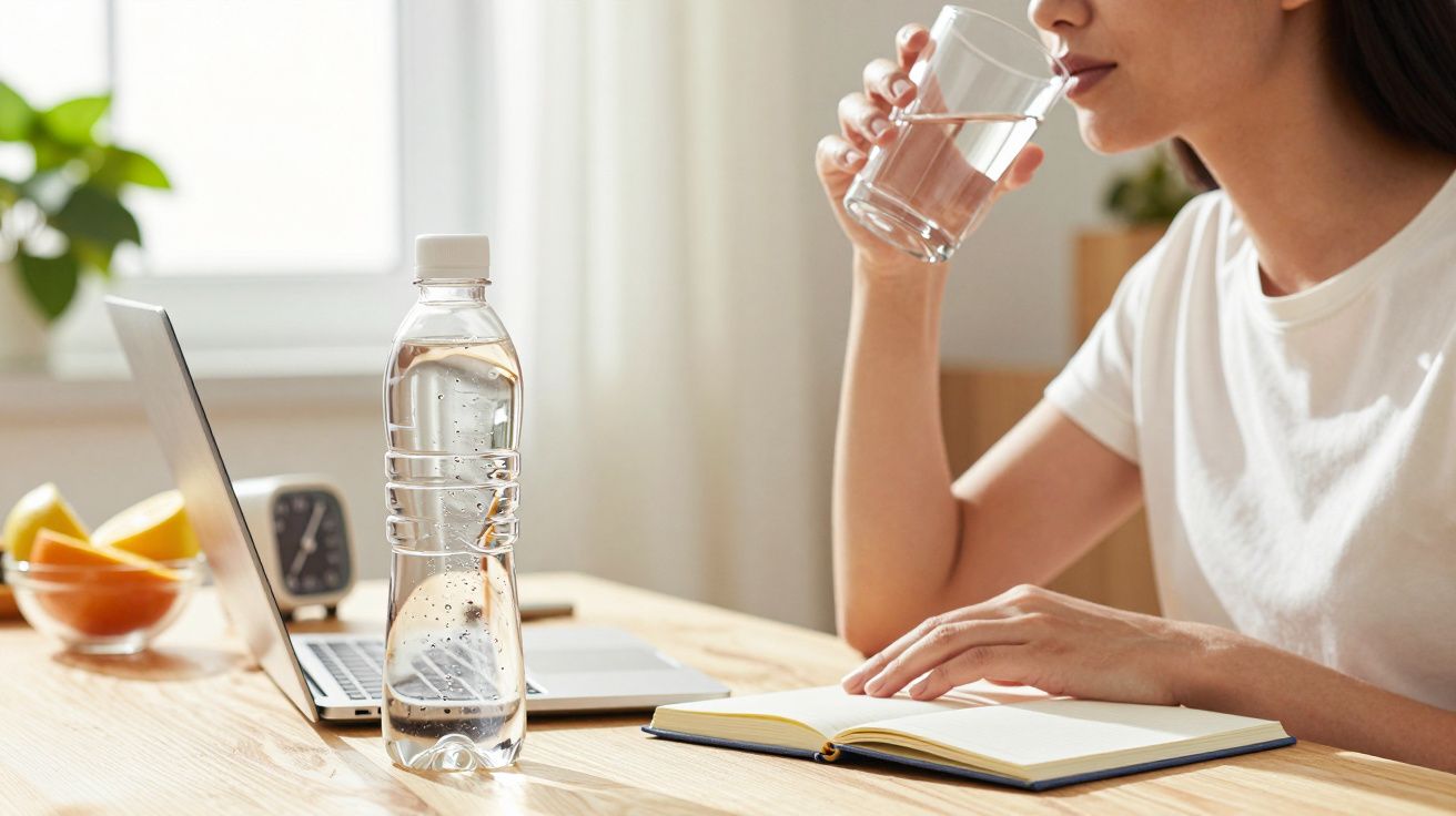 Mulher a beber água enquanto estuda, com garrafa, caderno e portátil numa mesa de madeira.