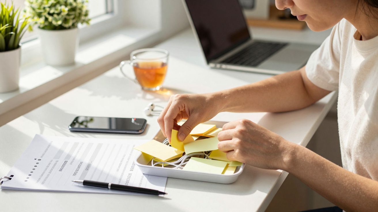 Mulher organiza blocos de notas na secretária, com computador, chávena e telefone. Luz solar ilumina a cena.