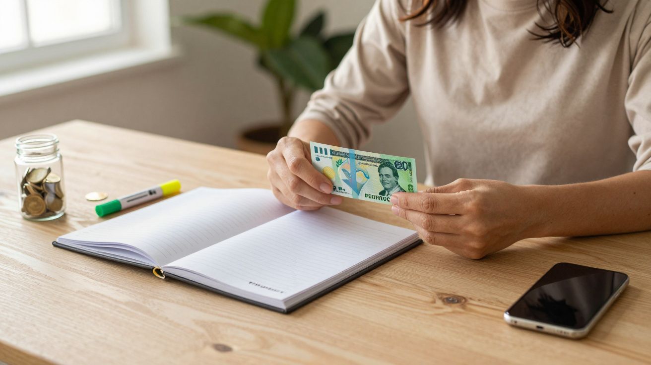 Mulher segurando uma nota de dólar num escritório, com caderno aberto, frasco de moedas e telemóvel em cima da mesa.
