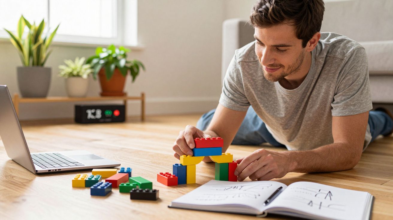 Homem deitado no chão monta peças de lego coloridas, com um portátil ao lado e um livro aberto à sua frente.
